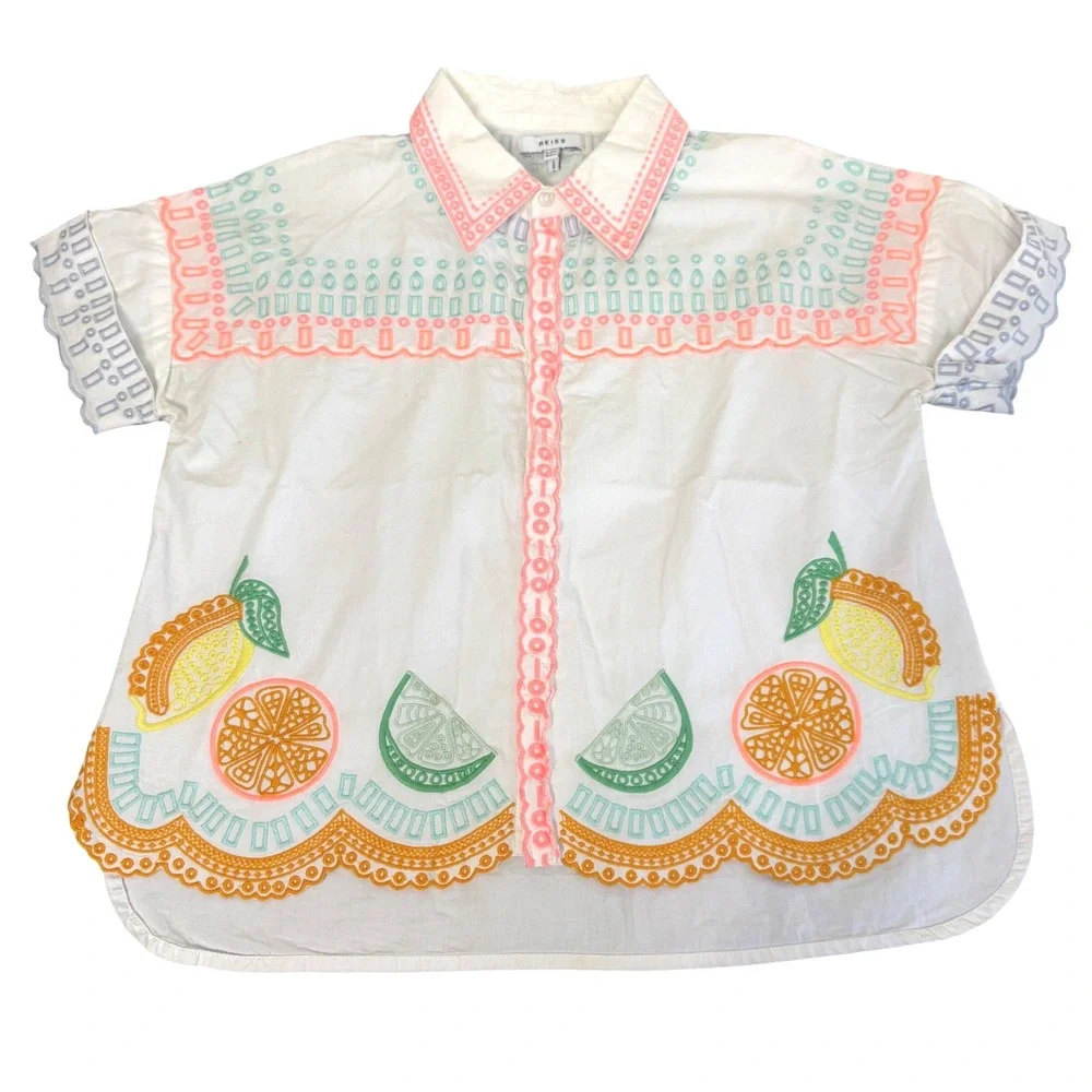 Reiss Top Citrus Embroidered Resort Kids 11-12 Fruit‎ Eyelet Scalloped White